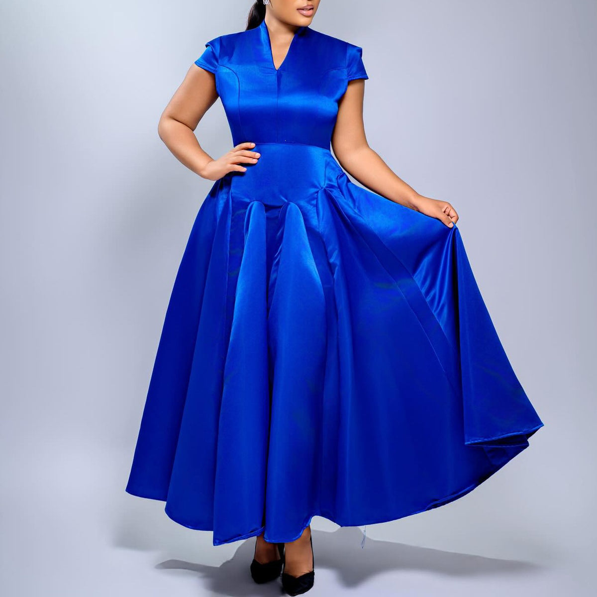Glossy V Neck Short Sleeve Maxi Dress