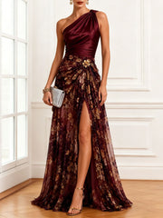 One Shoulder Floral Slit Maxi Dress