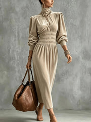 High Neck Smocked Waist Long Sleeve Midi Dress