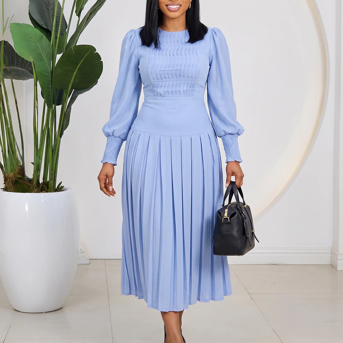 Puff Sleeve Pleated High Waist Midi Dress