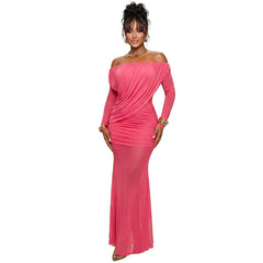 Off Shoulder Ruched Long Sleeve Maxi Dress
