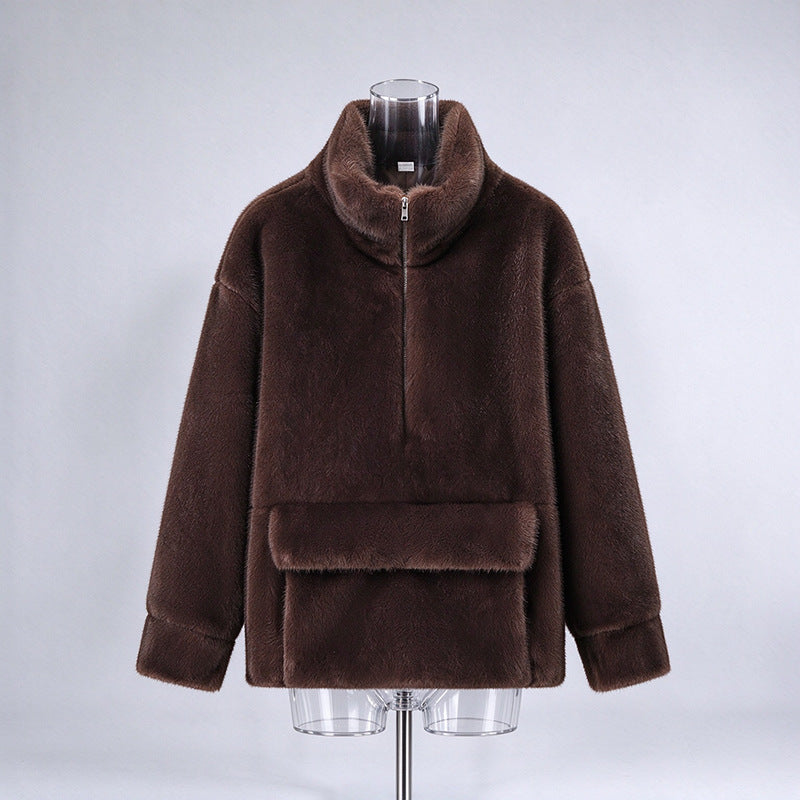 Plush Half Zip Stand Collar Pullover-boutique
