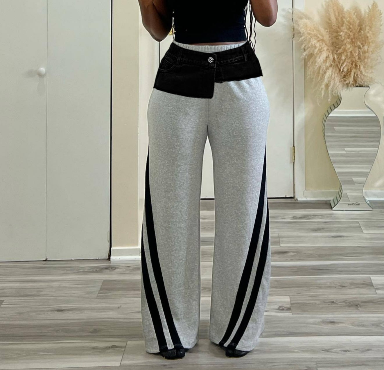 Denim Patchwork High Waist Jogger Pants