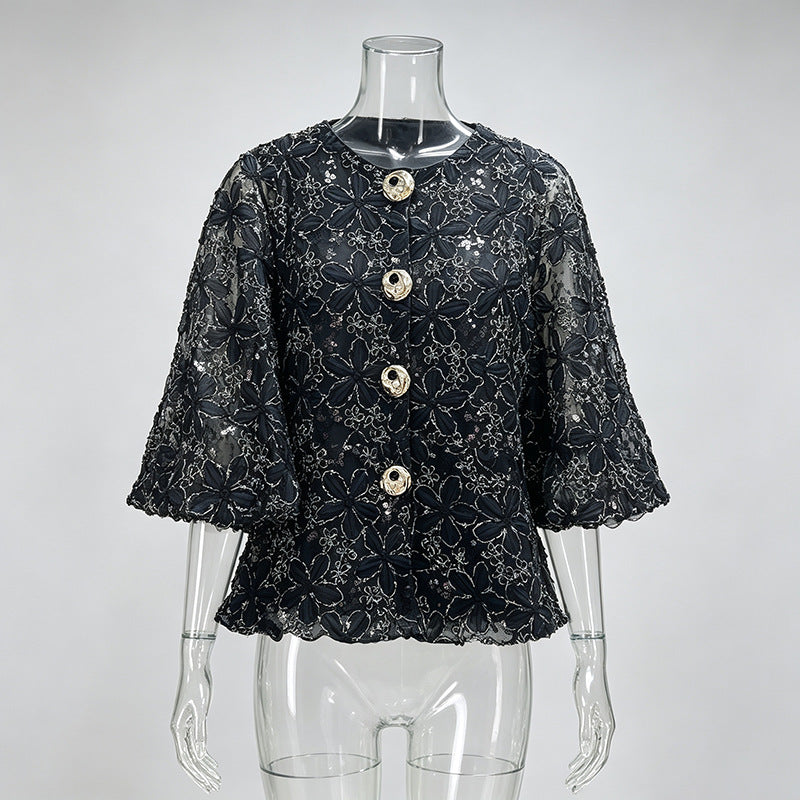Floral Embroidered Balloon Sleeve Jacket-boutique
