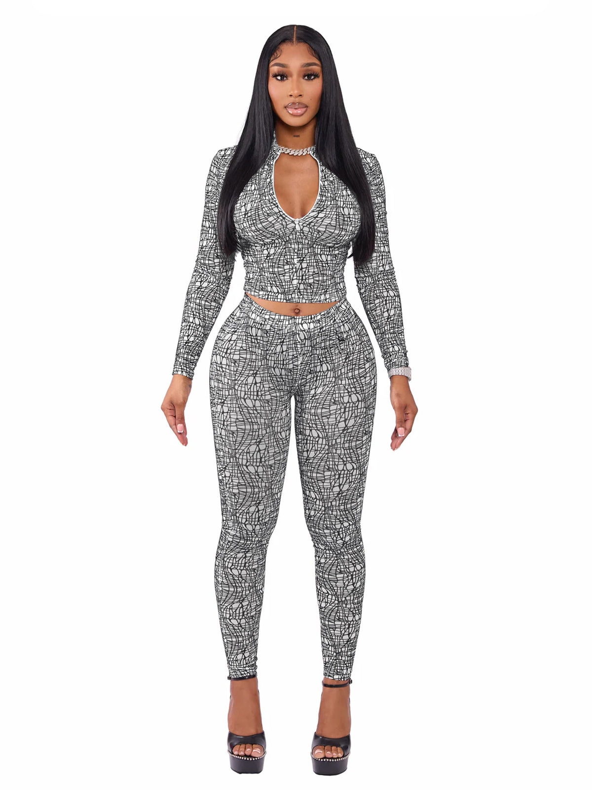 Mock Neck Zip Crop Top and Fitted Pants Set