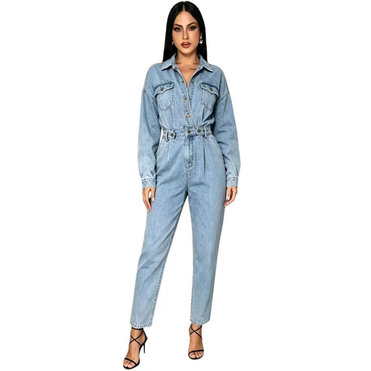 Belted Long Sleeve Straight Leg Denim Jumpsuit-boutique