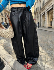 High Waist Pleated Wide Leg Faux Leather Pants-boutique
