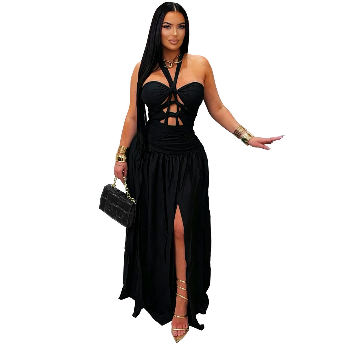 Halter Cutout Satin Side Slit Evening Dress