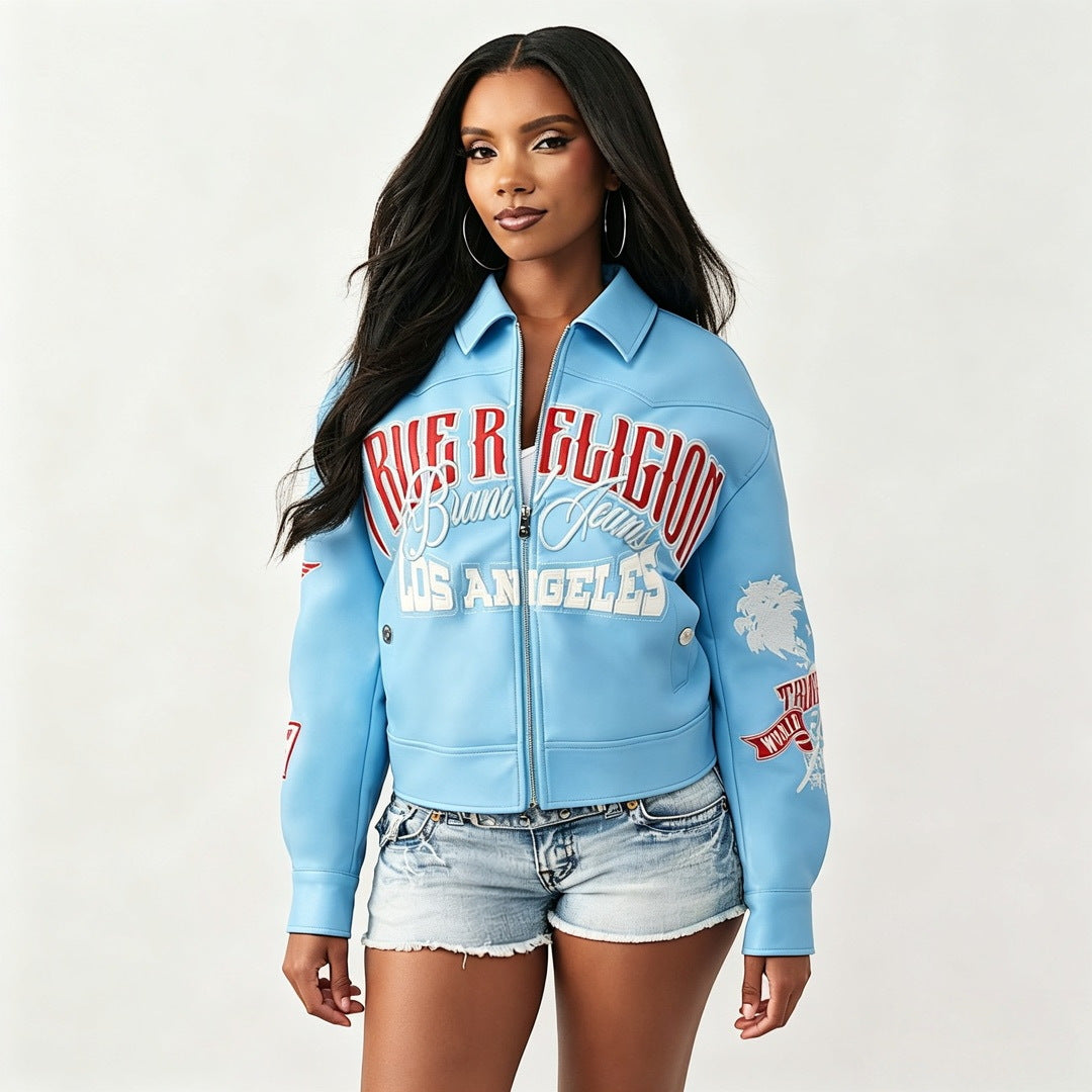Racing Print Faux Leather Moto Jacket