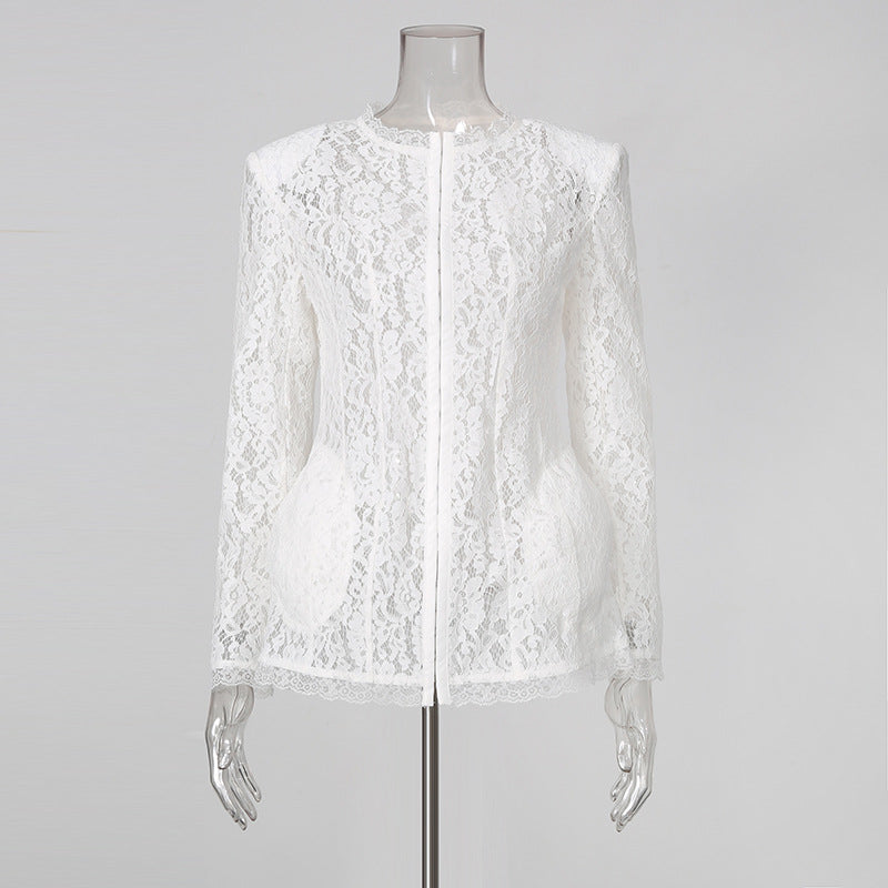 Sheer Lace Hook Front Fitted Top-boutique