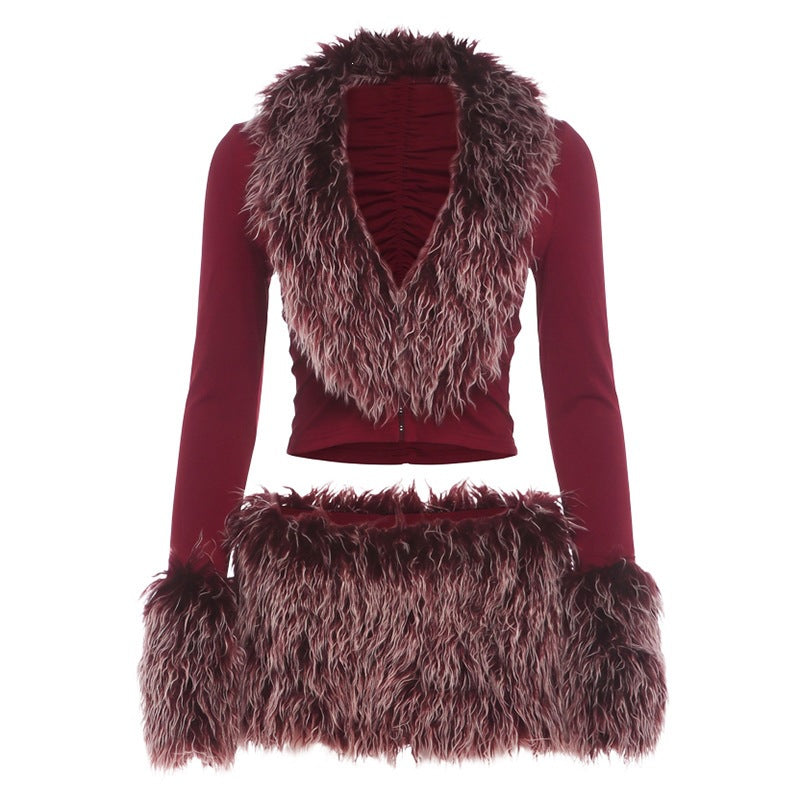 Faux Fur Trim Crop Top and Mini Skirt Set