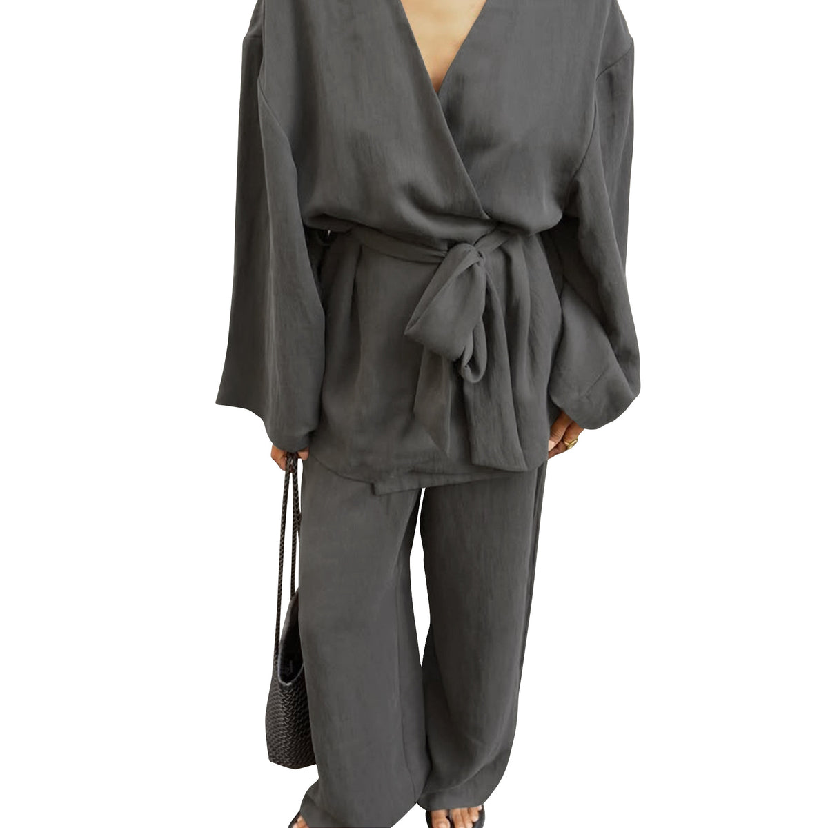 Women's Tie Front Top and Wide Leg Pants Set