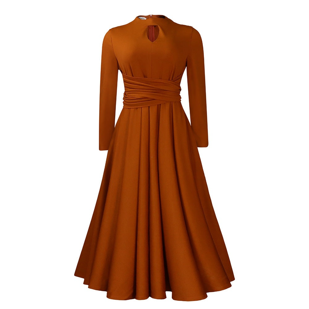 High Neck Ruched Waist Full Skirt Midi Dress