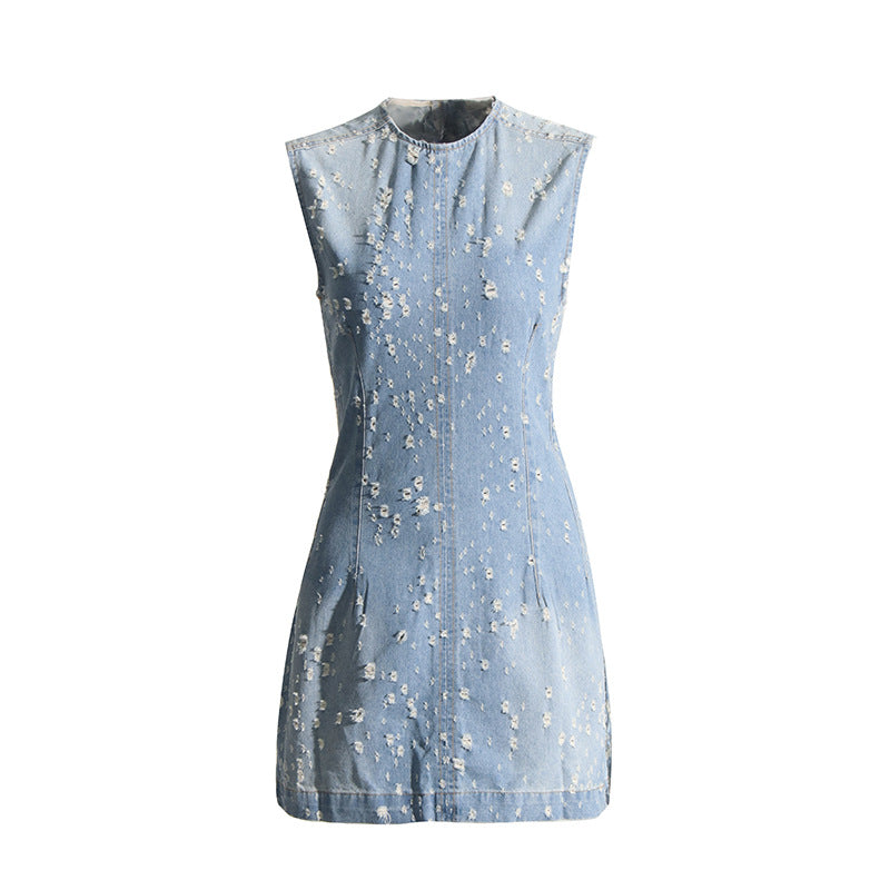 Distressed Sleeveless Denim Mini Dress-boutique