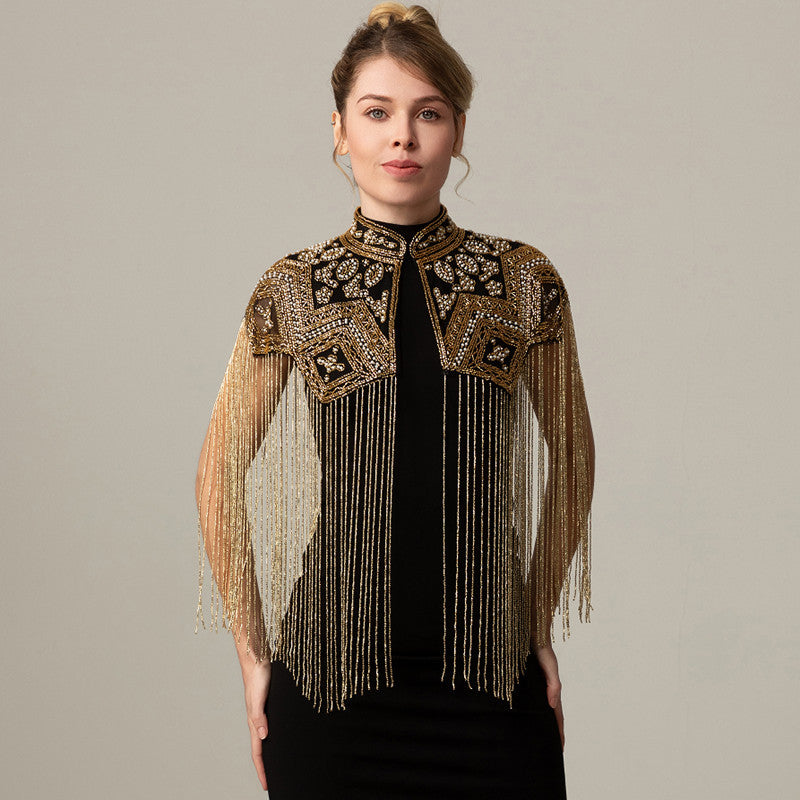 Hand Beaded Long Fringe Party Cape-boutique