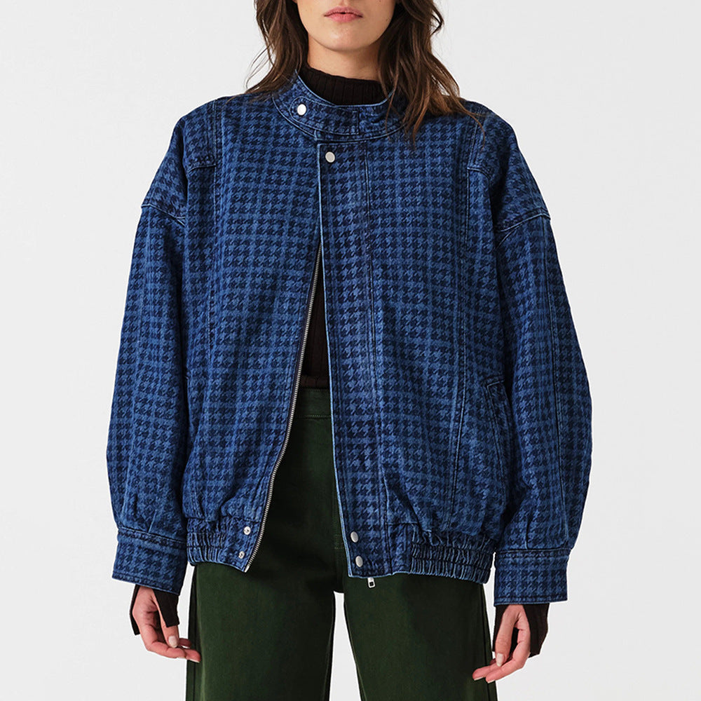 Houndstooth Relaxed Denim Jacket for Women