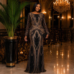 Gold Sequin Long Sleeve Evening Gown