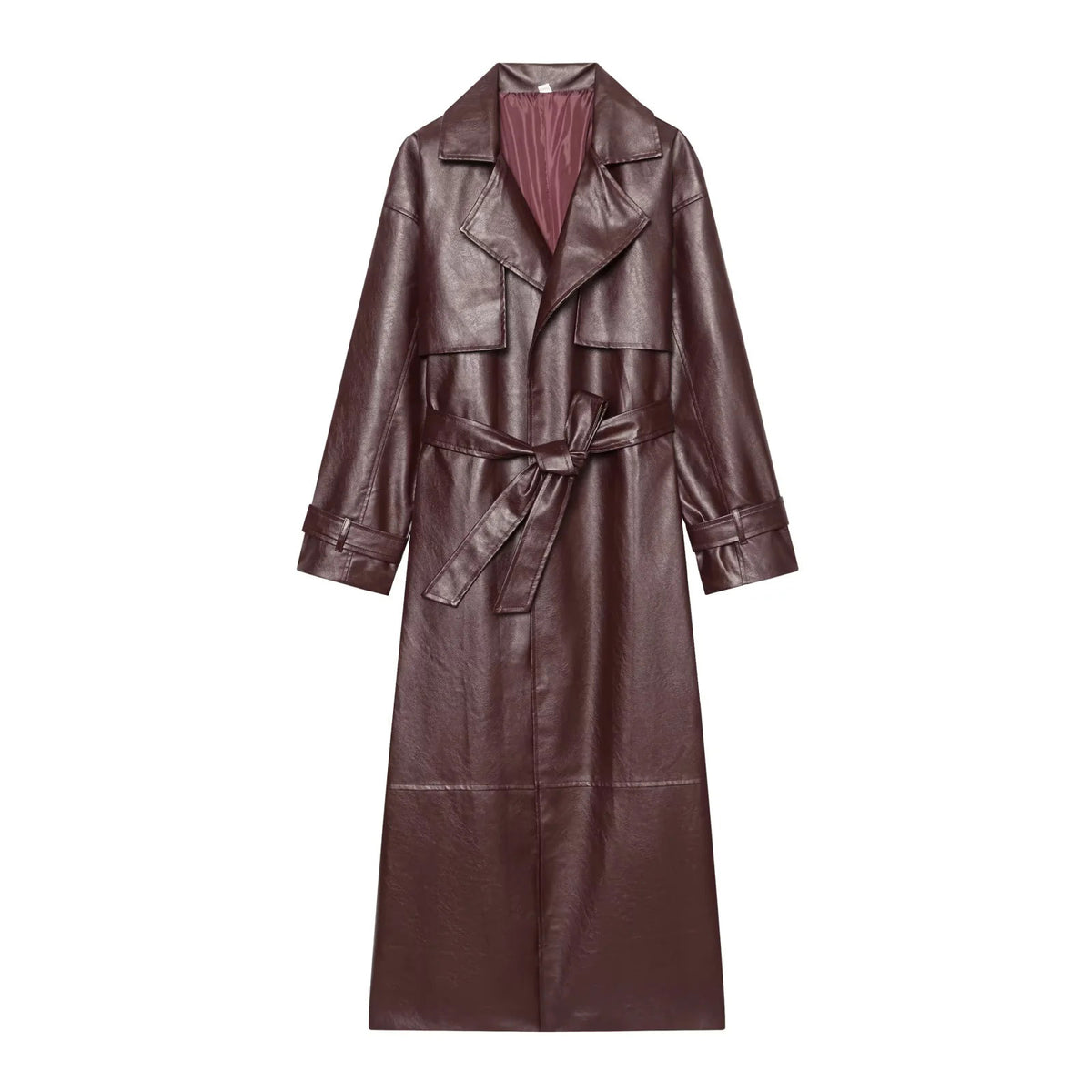 Burgundy Belted Faux Leather Trench Coat-boutique