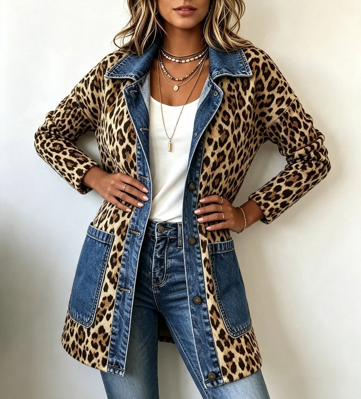 Leopard Print Denim Blazer Jacket with Pockets