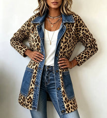 Leopard Print Denim Blazer Jacket with Pockets