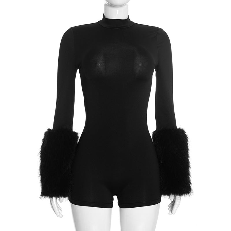 Faux Fur Trim Long Sleeve Romper
