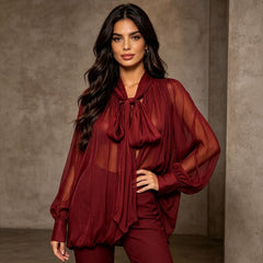 Tie Neck Pleated Relaxed Blouse
