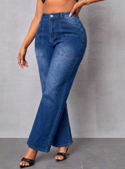High Waist Patch Pocket Wide Leg Jeans