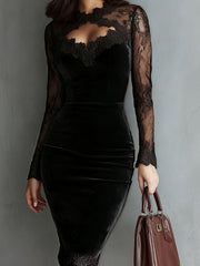 Lace Sleeve Fitted Velvet Midi Dress