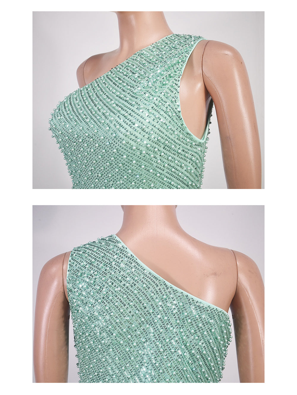 Sexy Solid Color Sequins Backless Oblique Collar Dress