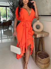 Sexy V Neck Lace-up Irregularity Ruffles Midi Dress