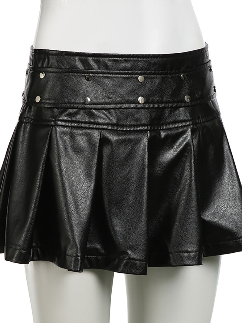 Mid Waist Pleated Faux Leather Mini A-Line Skirt