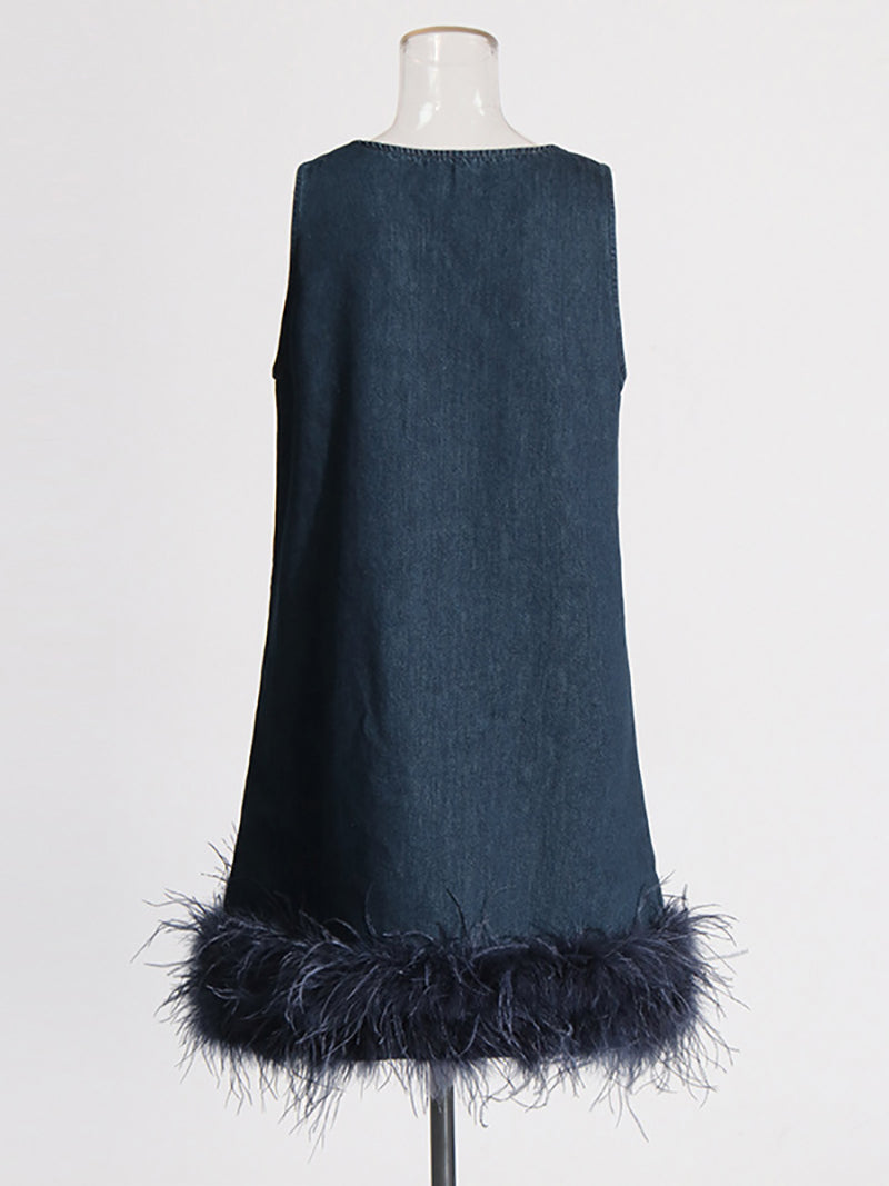 Sleeveless Feather Trim Denim Mini Dress