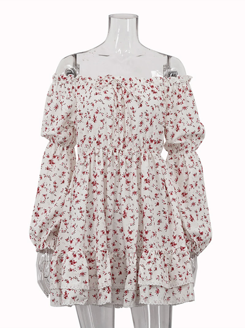 Off Shoulder Print Cinched Waist Mini Dress