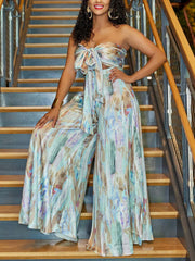 Sexy Print Strapless Top Wide leg Pants Set