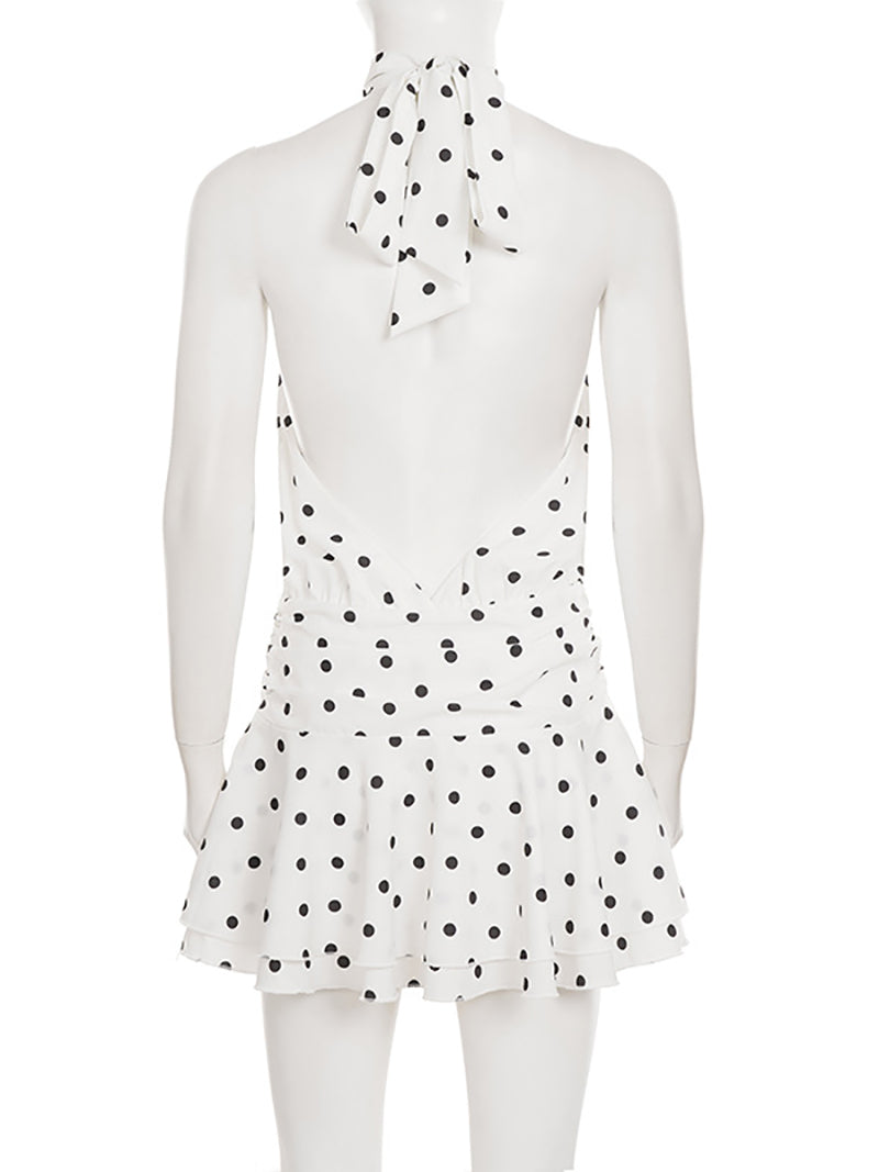 Sexy Polka Dot Print Halter Lace-up Backless Mini Dress
