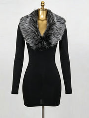 Fur Collar Bodycon Mini Dress