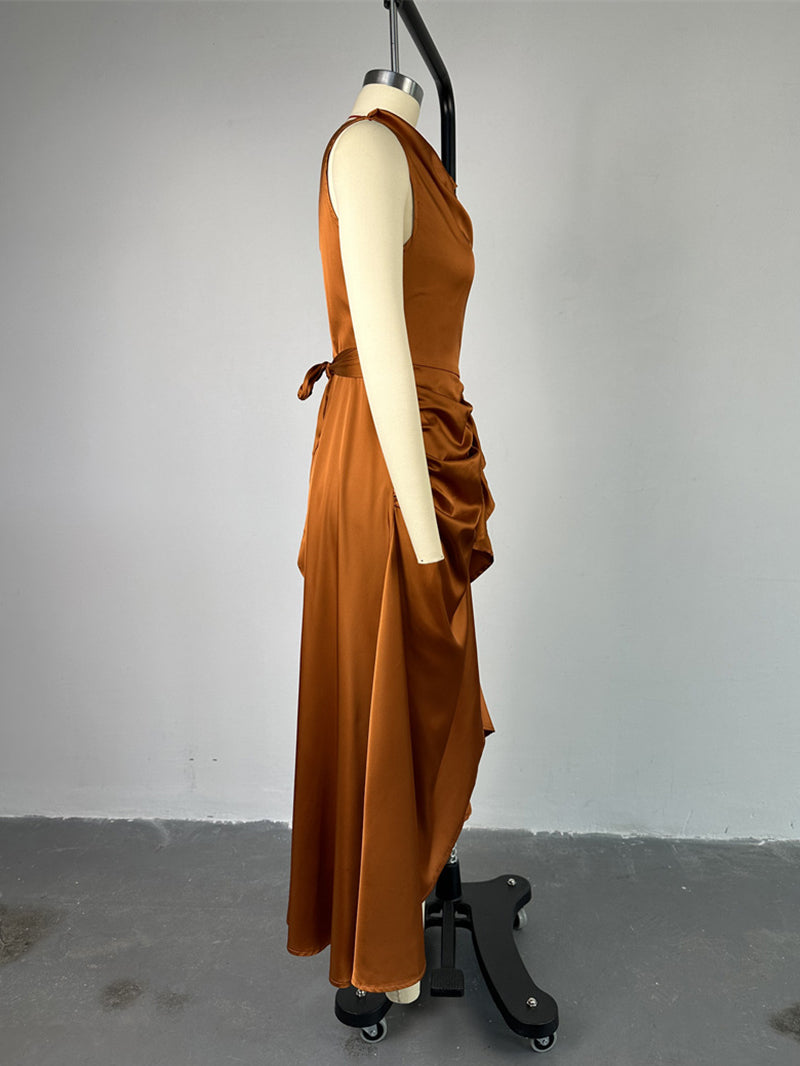 Sleeveless High Waist Slim Ruffle Irregular Midi Dress