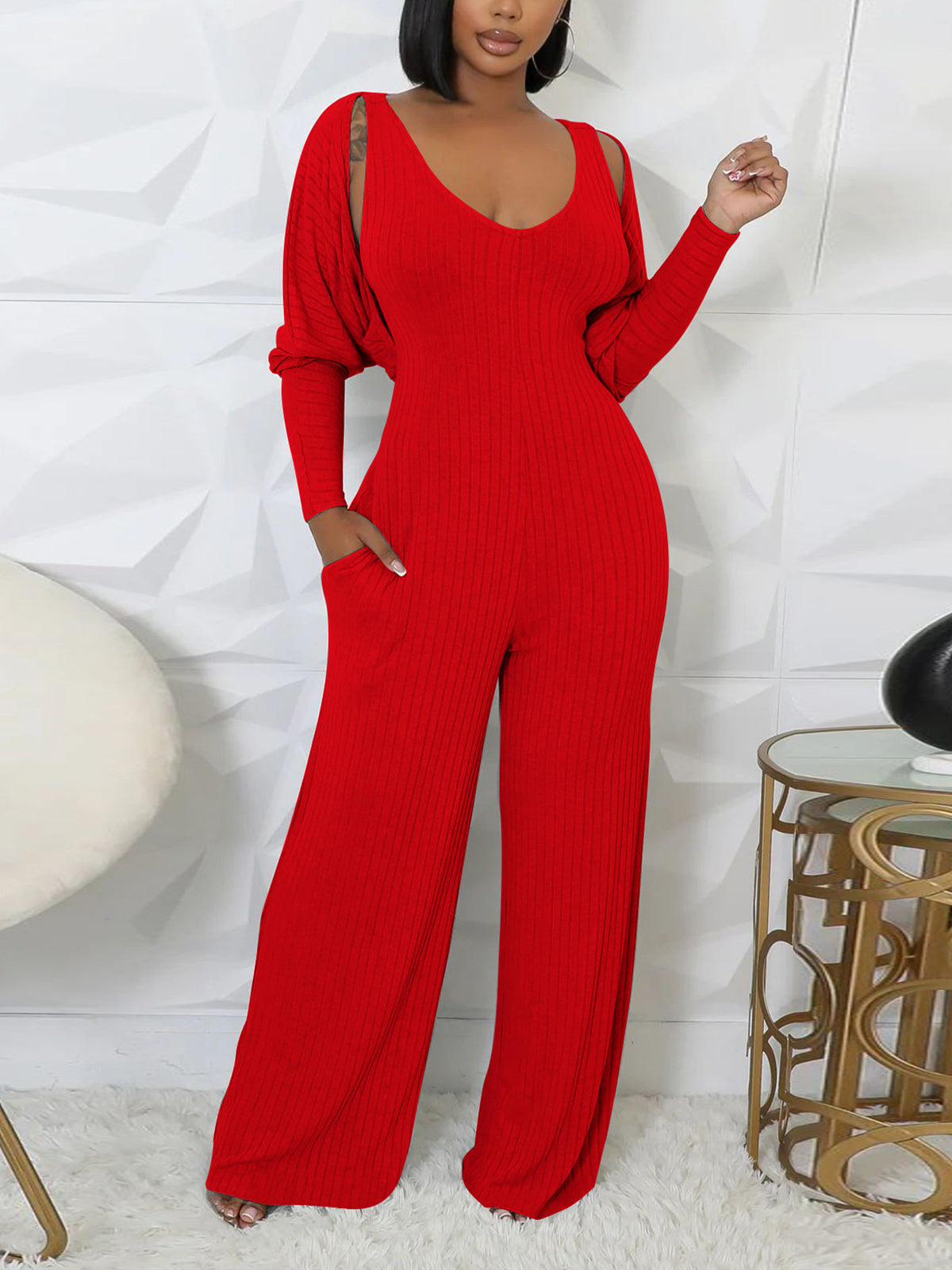 Casual Ribbed Jumpsuit Long Sleeve Cardigan Set