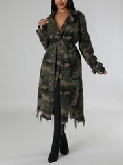 Fashion Casual Camo Ripped Trench Coat