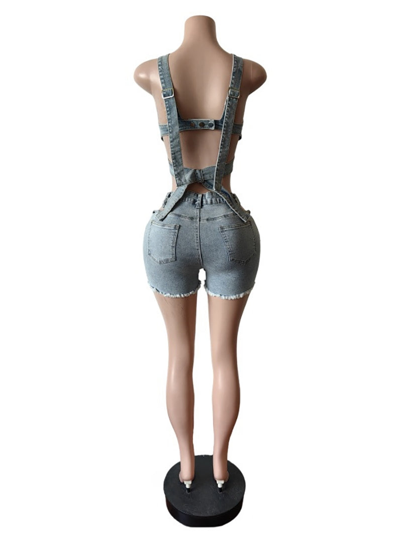 Fashion Hollow Out Bandage Denim Vest And Shorts Sets