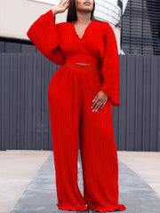 Fashion Loose Pleat Top Wide Leg Trousers Sets