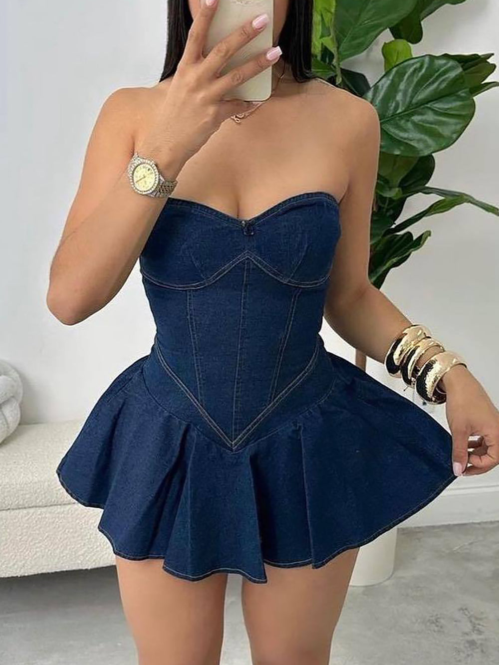 Sexy Strapless Denim Micro Mini Dress