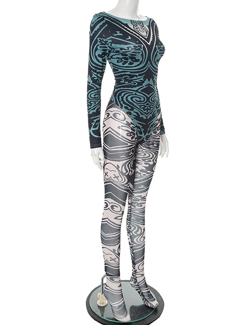 Sexy Sheer Mesh Print Bodysuit And Tight Pants Set