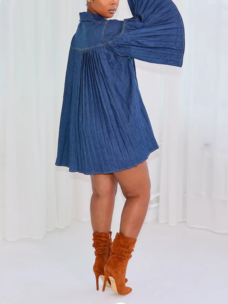 Casual Loose Turn down Collar Ruffle Denim Dress
