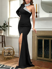 Elegant Off Shoulder Rhinestone Front Slit Dress