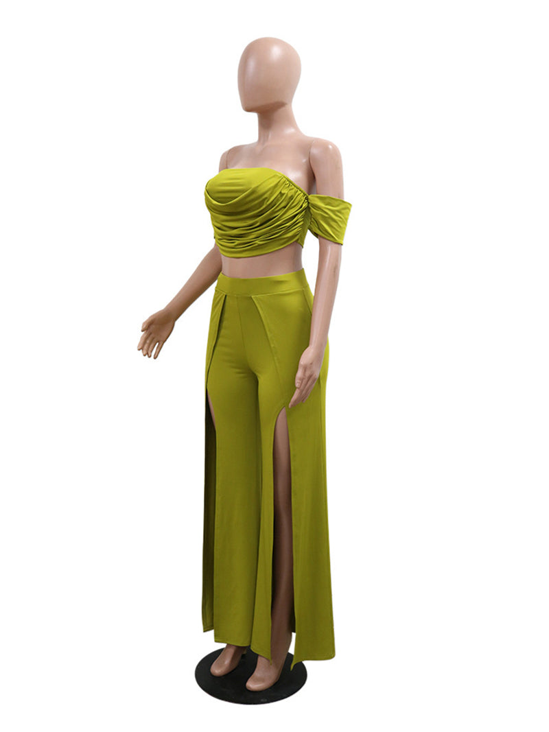 Strapless Top And Slit Wide Leg Pants Two Piece Set