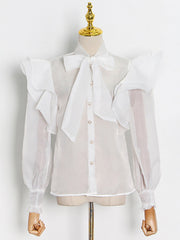 Fashion Sheer Mesh Bow Blouse