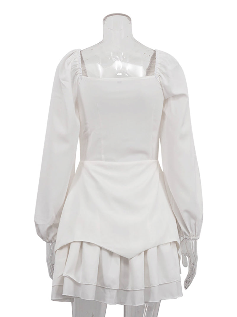 Square Neck Lace-up Bubble Sleeves Ruffle Mini Dress