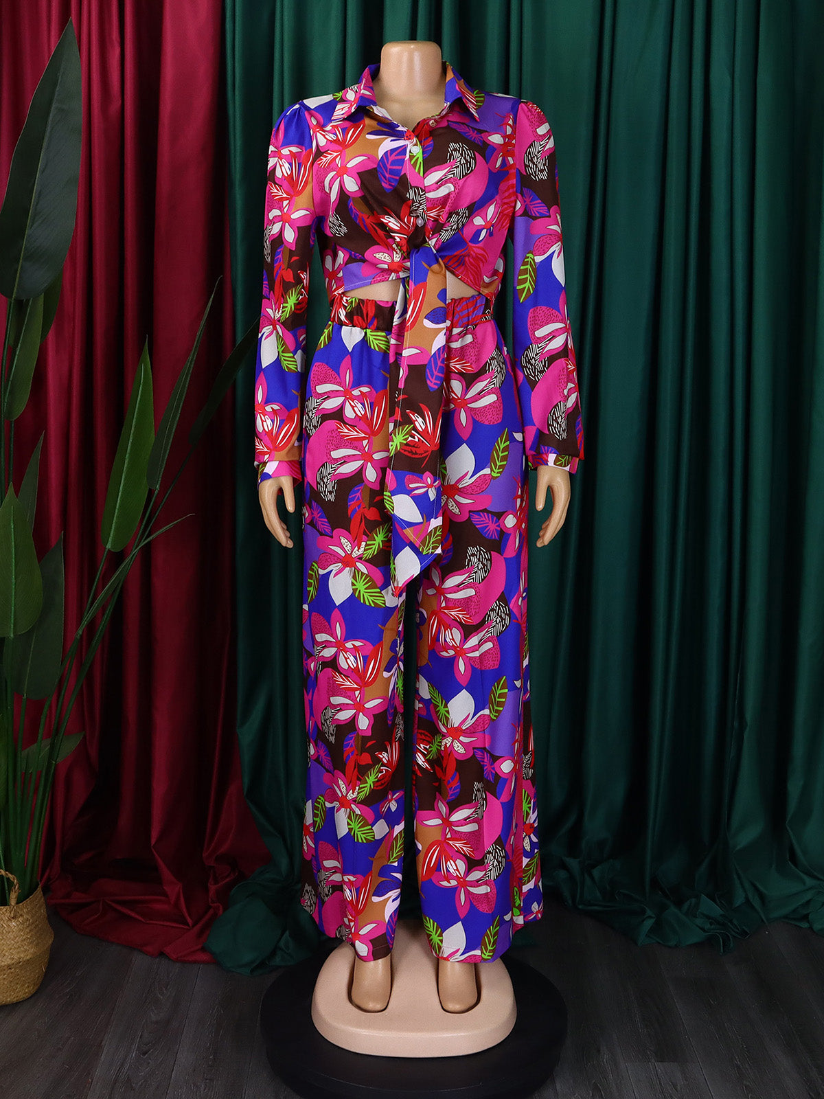 Fashion Print Bandage Shirt Wide Leg Trousers Sets