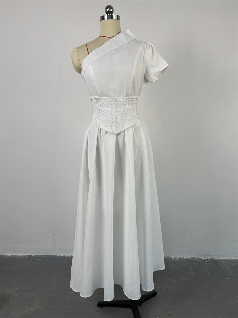 Solid Slash Shoulder Short Sleeve Midi Dress